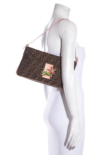 Fendi Brown Zucca Print Baguette Limited Edition Floral Embellishment Handbag
