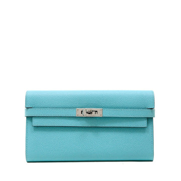 Hermes Robin's Egg Blue Leather Kelly Wallet with Palladium Hardware