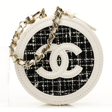 Tweed Quilted Round Filigree Pouch With Chain White Black
