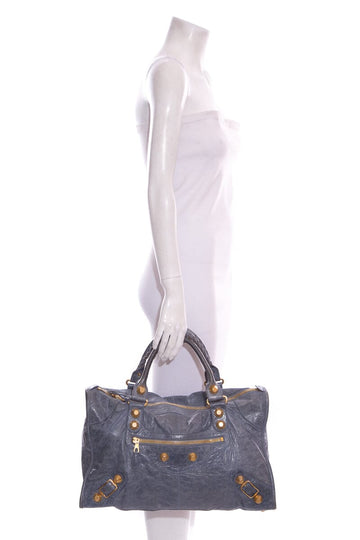 Balenciaga Blue Crinkled Leather & Gold Work Tote