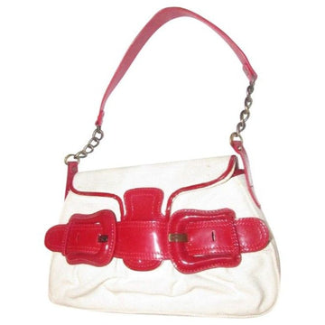 Fendi B Buckle Purses Ivory Canvas And Red  Leather Shoulder Bag