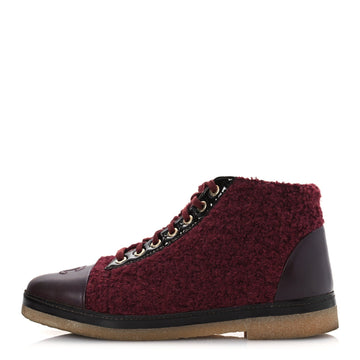 Tweed Calfskin  CC Lace Up Short Boots 39 Burgundy