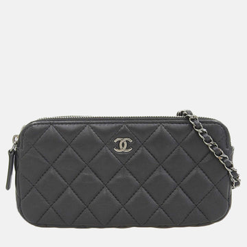 Black Leather Quilted Double Zip Clutch with Chain
