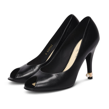 Chanel Black Lambskin Pearl Detail Peep Toe Pumps 37.5