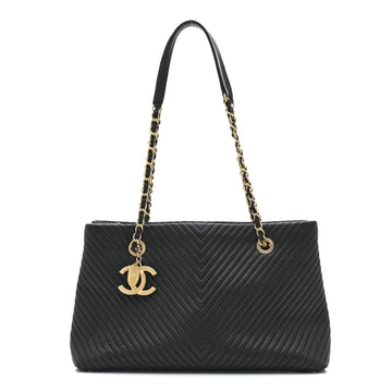 Wrinkled Lambskin Chevron Quilted Surpique Tote Black