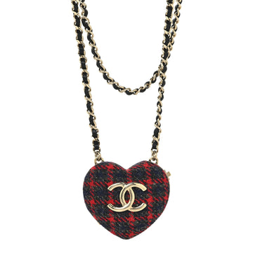 Tweed Lambskin CC Heart Locket Necklace Gold Grey Red Black