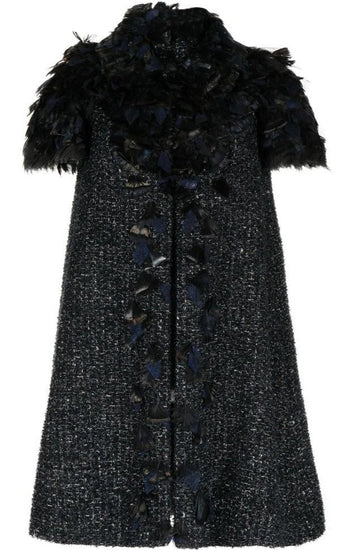 Feather-Embellished Tweed Coat