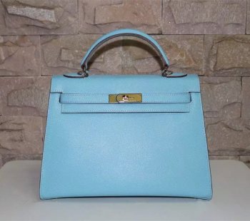 Hermes Kelly 32cm Leather Leather Handbag Light Blue Gold