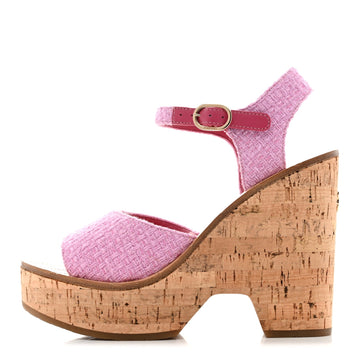 Tweed Cork CC Wedge Sandals 37.5 Pink