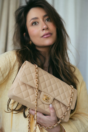 Beige Clair leather Quilted Classic Double Flap Medium GHW