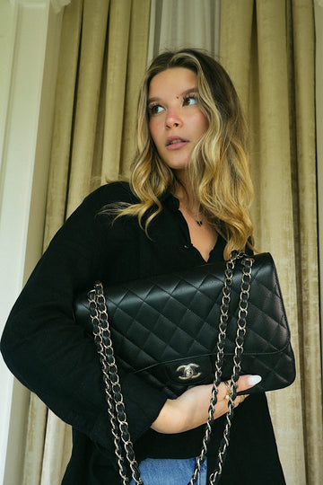 Black leather Quilted Jumbo Double Flap Silver Hardware