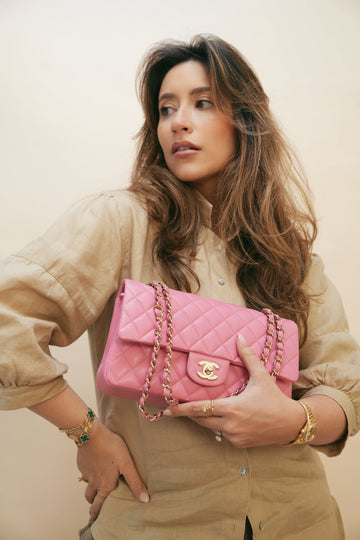 21P Pink leather Quilted Classic Flap Medium Light Gold Hardware