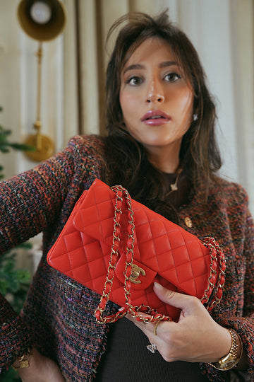 19C Red leather Quilted Classic Flap Small Light Gold Hardware