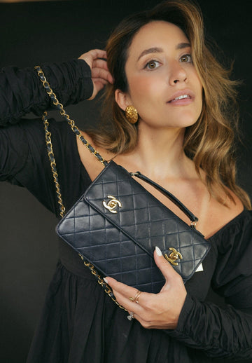 Navy leather Quilted Top Handle Double Turnlock Single Flap Gold Hardware