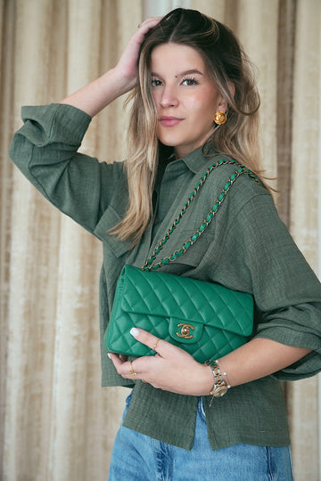 24A Green leather Quilted Classic Flap Small Light Gold Hardware