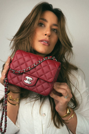 17B Red leather Quilted Mini Square Flap Silver Hardware