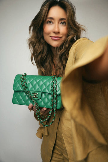 24A Green leather Quilted Classic Flap Small Light Gold Hardware