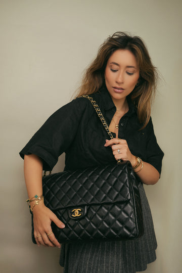 24K Black leather Quilted Maxi Travel Flap AGHW