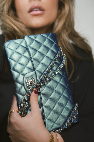 22P Iridescent Green leather Quilted Classic Flap Medium Light Gold Hardware
