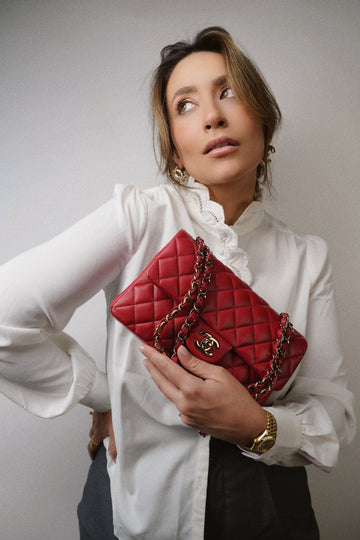 19B Red leather Quilted Small Classic Flap Light Gold Hardware