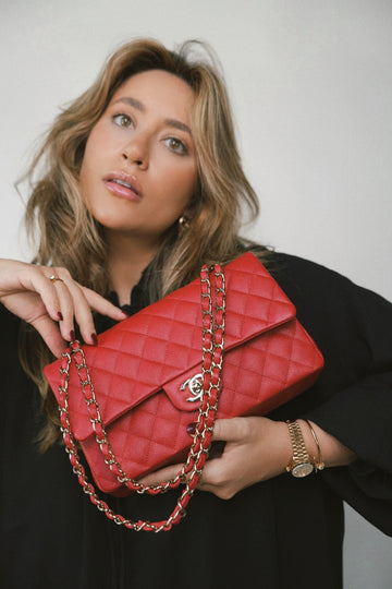 22P Red leather Quilted Medium Classic Flap Light Gold Hardware