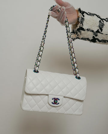 White leather Quilted Classic Flap Small Rainbow Hardware