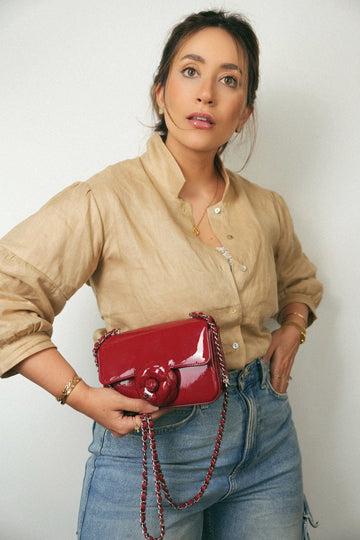 23K Red Patent Camellia Single Flap Bag Silver Hardware