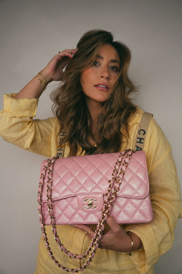 19S Iridescent Pink leather Quilted Jumbo Classic Flap Light Gold Hardware