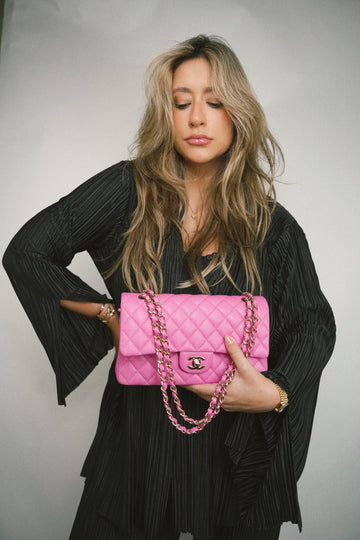 21P Pink leather Quilted Classic Flap Medium Light Gold Hardware.