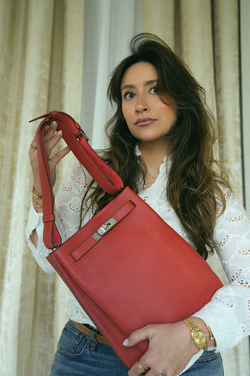 So Kelly 22 Bi-Color Rouge Pivoine/Rose Jaipur leather Palladium Plated R Square Stamp
