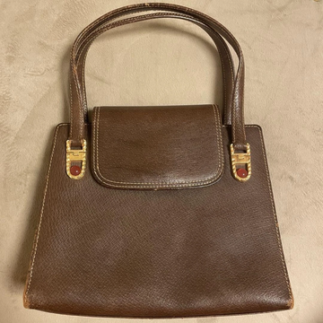 Gucci mod brown leather top handle Kelly bag w carnelian cabochon accents