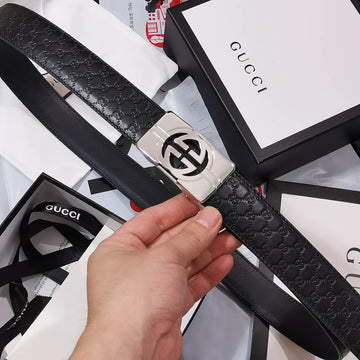 GC BELT Cowhide leather black Silver buckle wide 3.5cm Automatic buckle