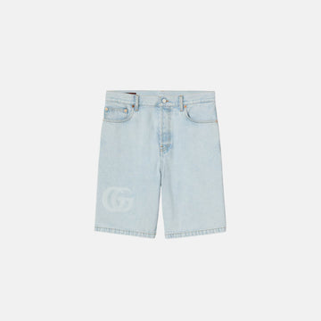 Lasered Denim Shorts With Double G Logo