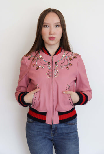 Gucci Bomber Jacket Pink Lambskin Studs IT42 SKC1889