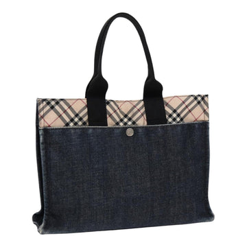 Burberry Nova Check Hand Bag Denim Nylon Navy Beige Silver Auth hk1572