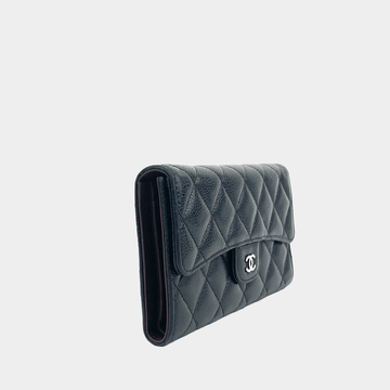 CHANEL Quilted L- Gusset Trifold Wallet-Black Leather