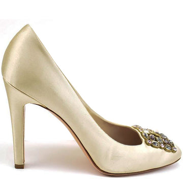 Beige Satin Jeweled Pumps 38.5