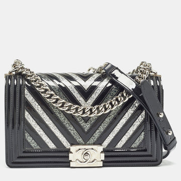 Top Quality Chanel Black/Silver Chevron Patent Leather Medium Boy New Bag