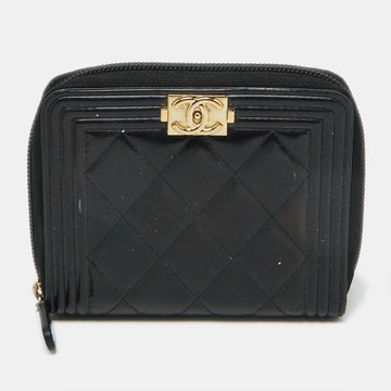 Top Quality Chanel Black Quilted Patent Leather Boy Zip Around Wallet