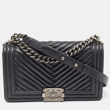 Top Quality Chanel Black Chevron Pleated Leather Medium Boy New Bag