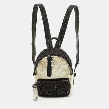 Top Quality Chanel Black/Off White Quilted Satin and Tweed Sequins Mini Backpack
