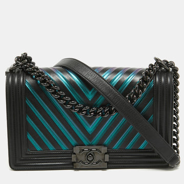 Top Quality Chanel Black/Holographic Chevron Leather Medium Boy New Bag