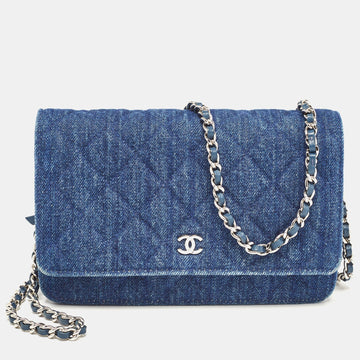 Top Quality Chanel Blue Quilted Leather/denim Classic Wallet On Chain