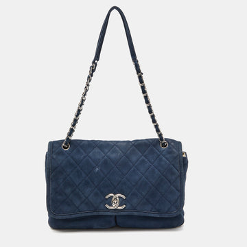Top Quality Chanel Blue Quilted Nubuck Leather Large Split Pocket New Bag