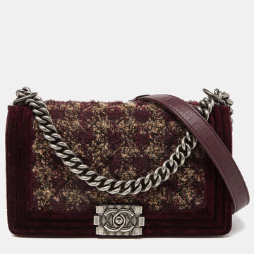 Top Quality Chanel Burgundy Quilted Tweed,Leather and Velvet Medium Boy New Bag