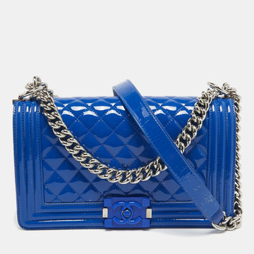 Top Quality Chanel Blue Quilted Patent Leather Medium Boy New Bag