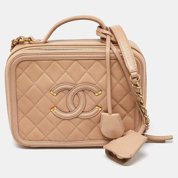 Top Quality Chanel Beige Quilted Leather Leather Medium CC Filigree Vanity Case Bag