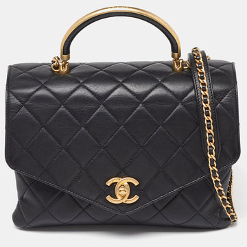 Top Quality Chanel Black Quilted Leather New Gold Top Handle Bag