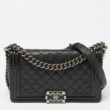 Top Quality Chanel Black Quilted Patent and Leather Medium Boy New Bag