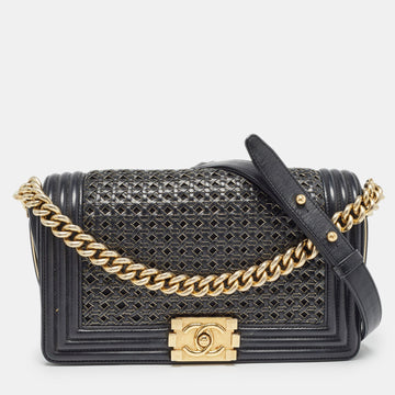 Top Quality Chanel Black/Gold Woven Leather Medium Boy New Bag